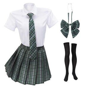 Plaid School Girl Costume Set M Includes Skirt Tie Bow & Black Thigh-High Stocki
